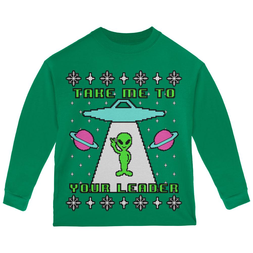 Alien Take Me to Your Leader Ugly Christmas Sweater Toddler Long Sleeve T Shirt Toddler Long Sleeves Old Glory 2T Green