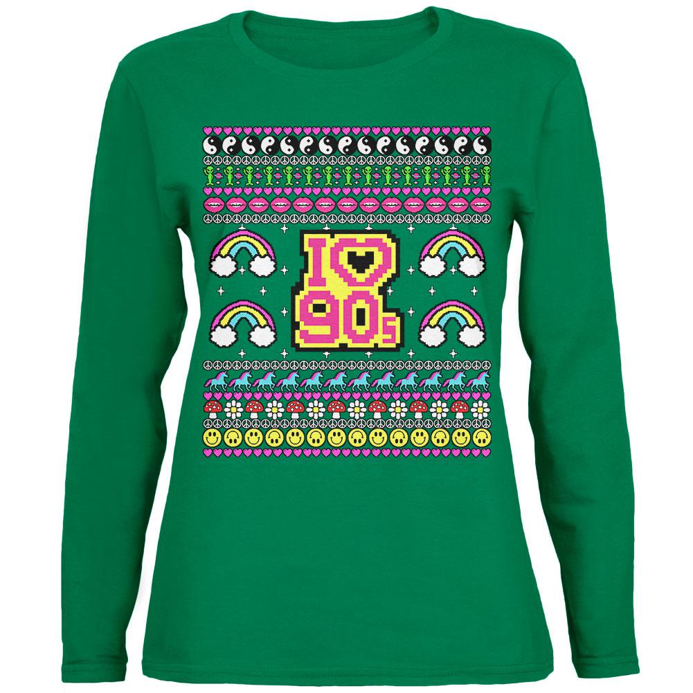 I Love the 90s Retro Nostalgia Ugly Christmas Sweater Womens Long Sleeve T Shirt Women's Long Sleeves Old Glory 2XL Green