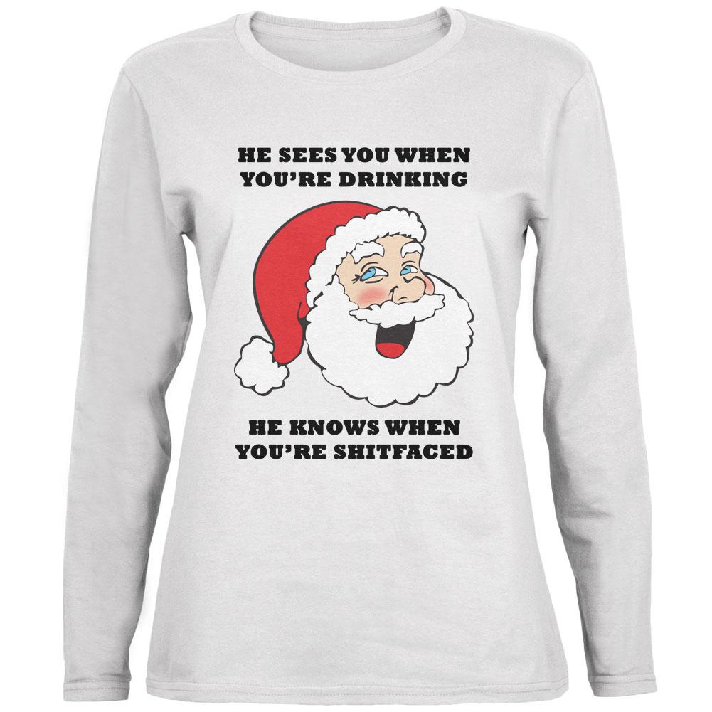 Christmas Santa He Sees You When You're Drinking Ladies' Relaxed Jersey Long-Sleeve Tee Women's Long Sleeves Old Glory 2XL White