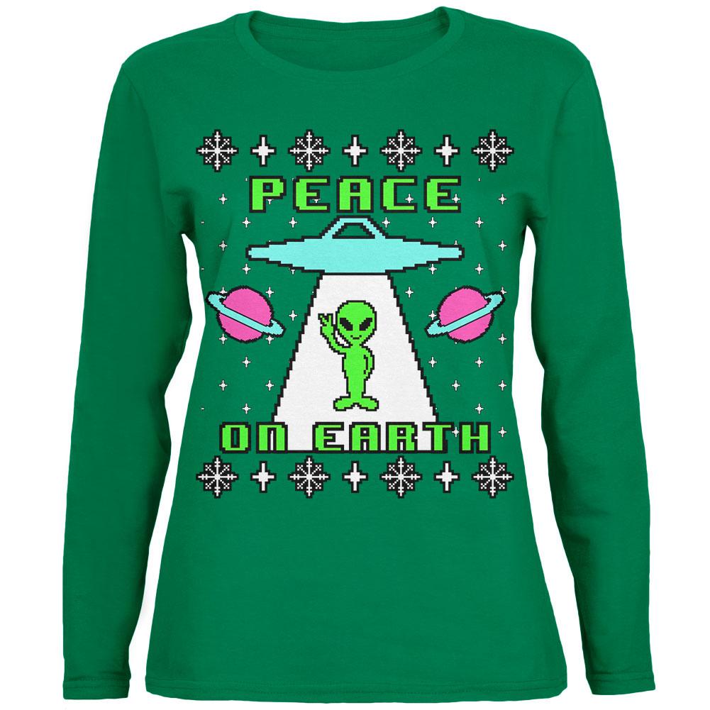 Alien Peace on Earth Ugly Christmas Sweater Womens Long Sleeve T Shirt Women's Long Sleeves Old Glory 2XL Green