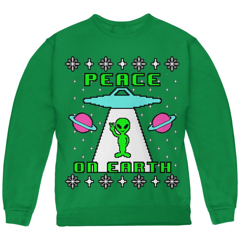 Alien Peace on Earth Ugly Christmas Sweater Youth Sweatshirt Youth Sweatshirts Old Glory LG Green