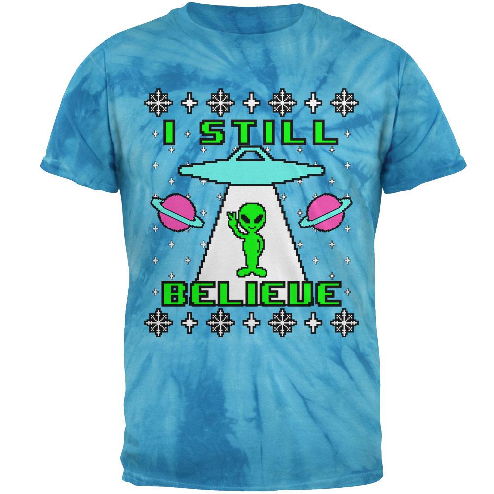 Alien I Still Believe Ugly Christmas Sweater Mens T Shirt Men's T-Shirts Old Glory 2XL Pinwheel Blue Tie Dye