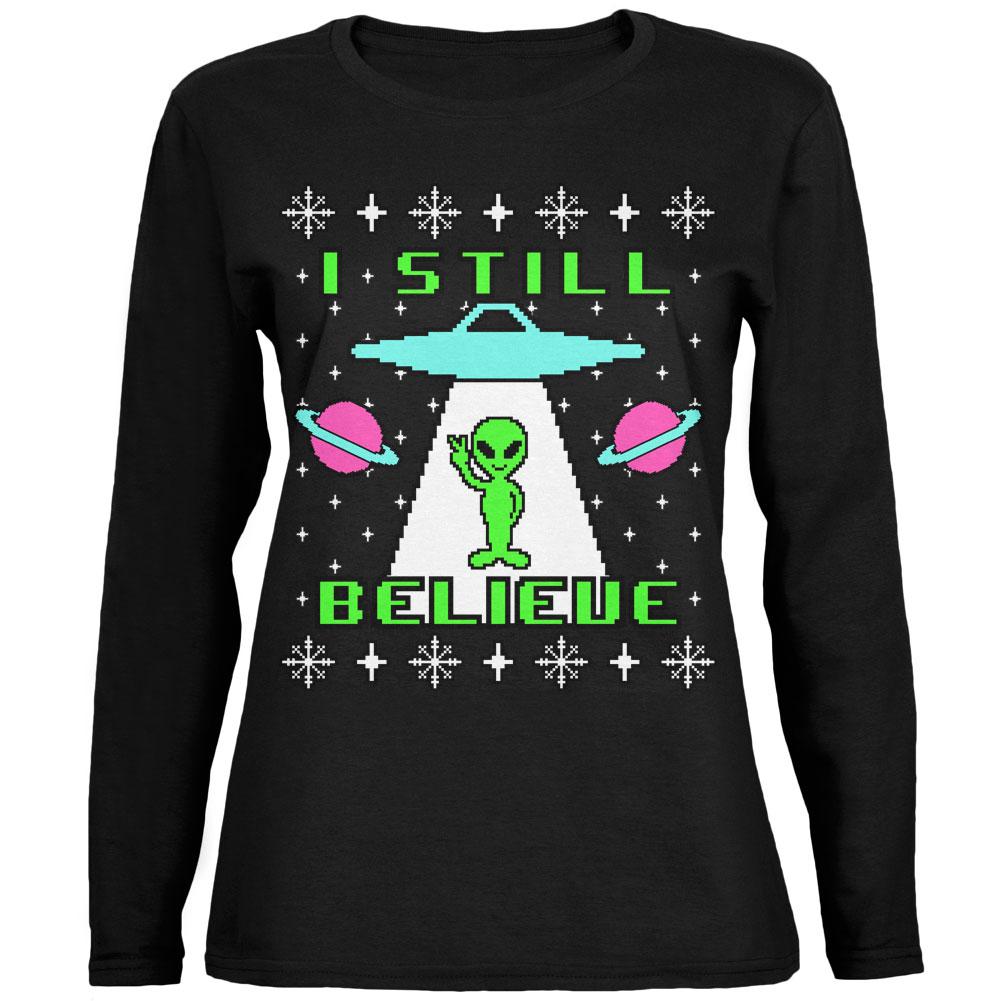Alien I Still Believe Ugly Christmas Sweater Ladies' Relaxed Jersey Long-Sleeve Tee Women's Long Sleeves Old Glory 2XL Black