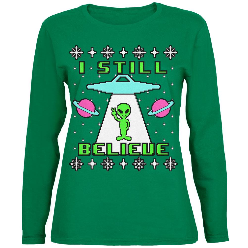 Alien I Still Believe Ugly Christmas Sweater Womens Long Sleeve T Shirt Women's Long Sleeves Old Glory 2XL Green