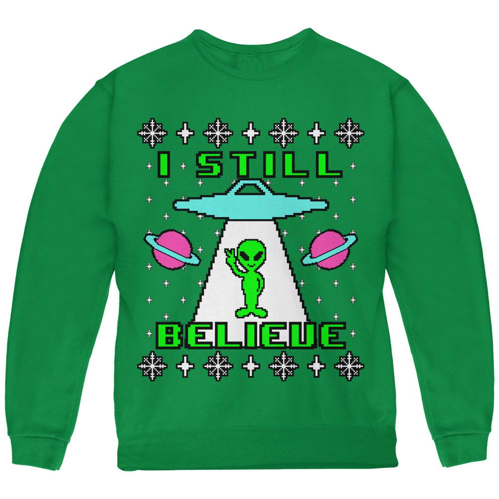 Alien I Still Believe Ugly Christmas Sweater Youth Sweatshirt Youth Sweatshirts Old Glory LG Green