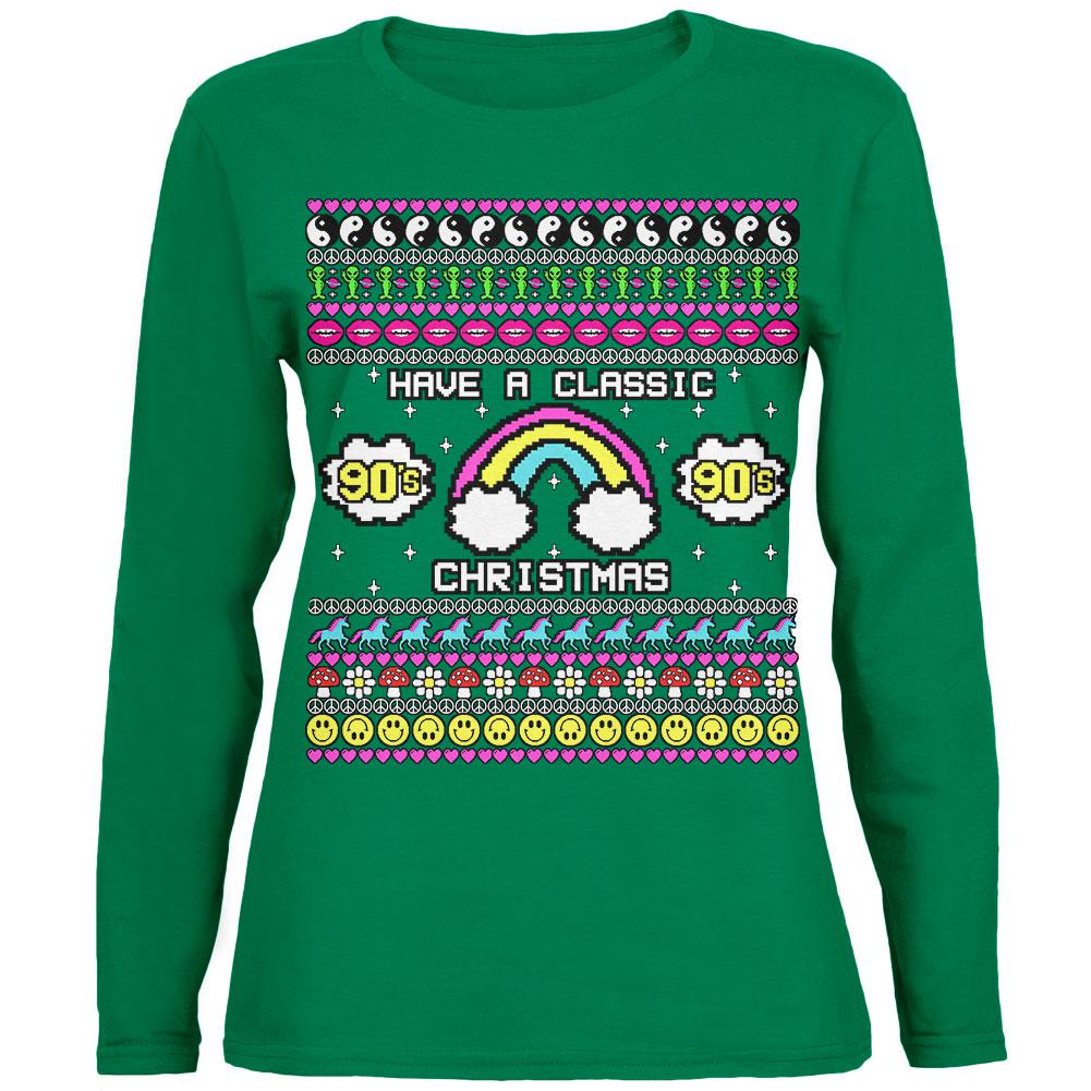 Retro 90s Nostalgia Classic Ugly Christmas Sweater Womens Long Sleeve T Shirt Women's Long Sleeves Old Glory 2XL Green