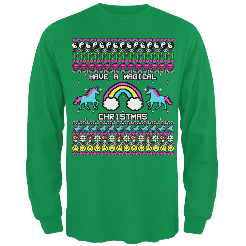 Retro 90s Rainbow Unicorn Magical Ugly Christmas Sweater Mens Long Sleeve T Shirt Men's Long Sleeves Old Glory 2XL Irish Green