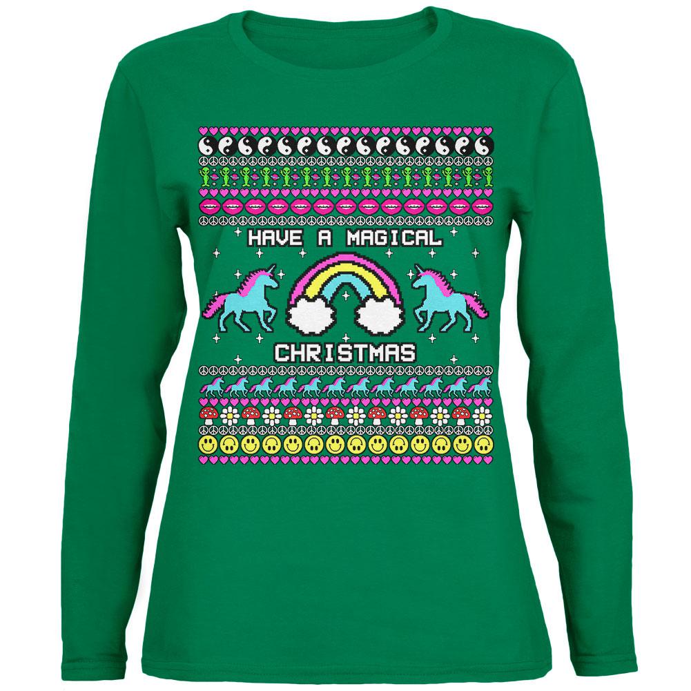 Retro 90s Rainbow Unicorn Magical Ugly Christmas Sweater Womens Long Sleeve T Shirt Women's Long Sleeves Old Glory MD Green