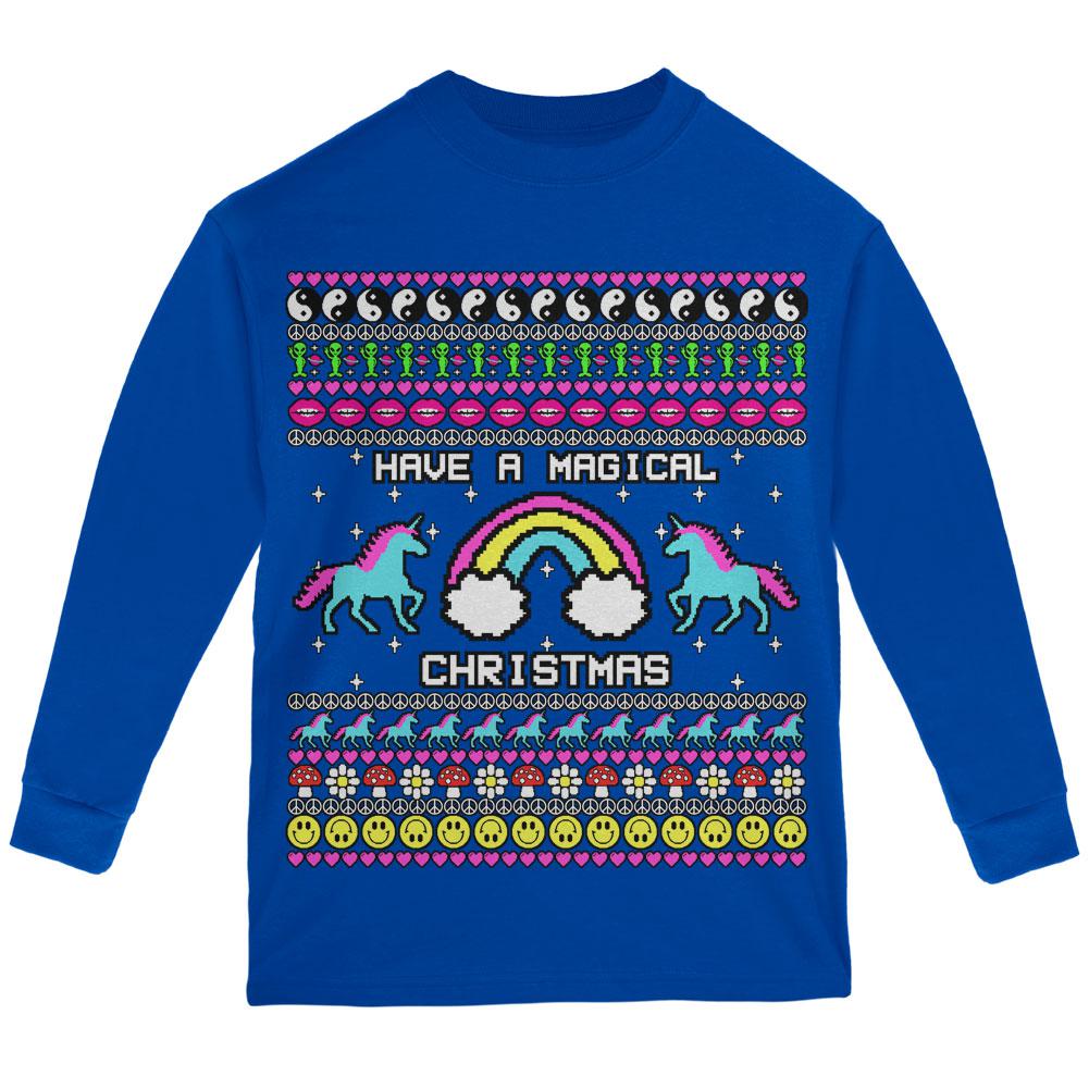 Retro 90s Rainbow Unicorn Magical Ugly Christmas Sweater Youth Long Sleeve T Shirt Youth Long Sleeves Old Glory LG Royal