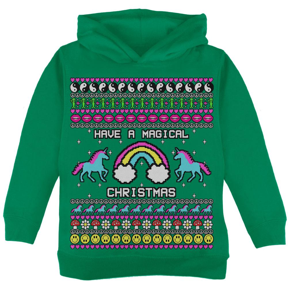 Retro 90s Rainbow Unicorn Magical Ugly Christmas Sweater Toddler Hoodie Toddler Hoodies Old Glory 2T Green