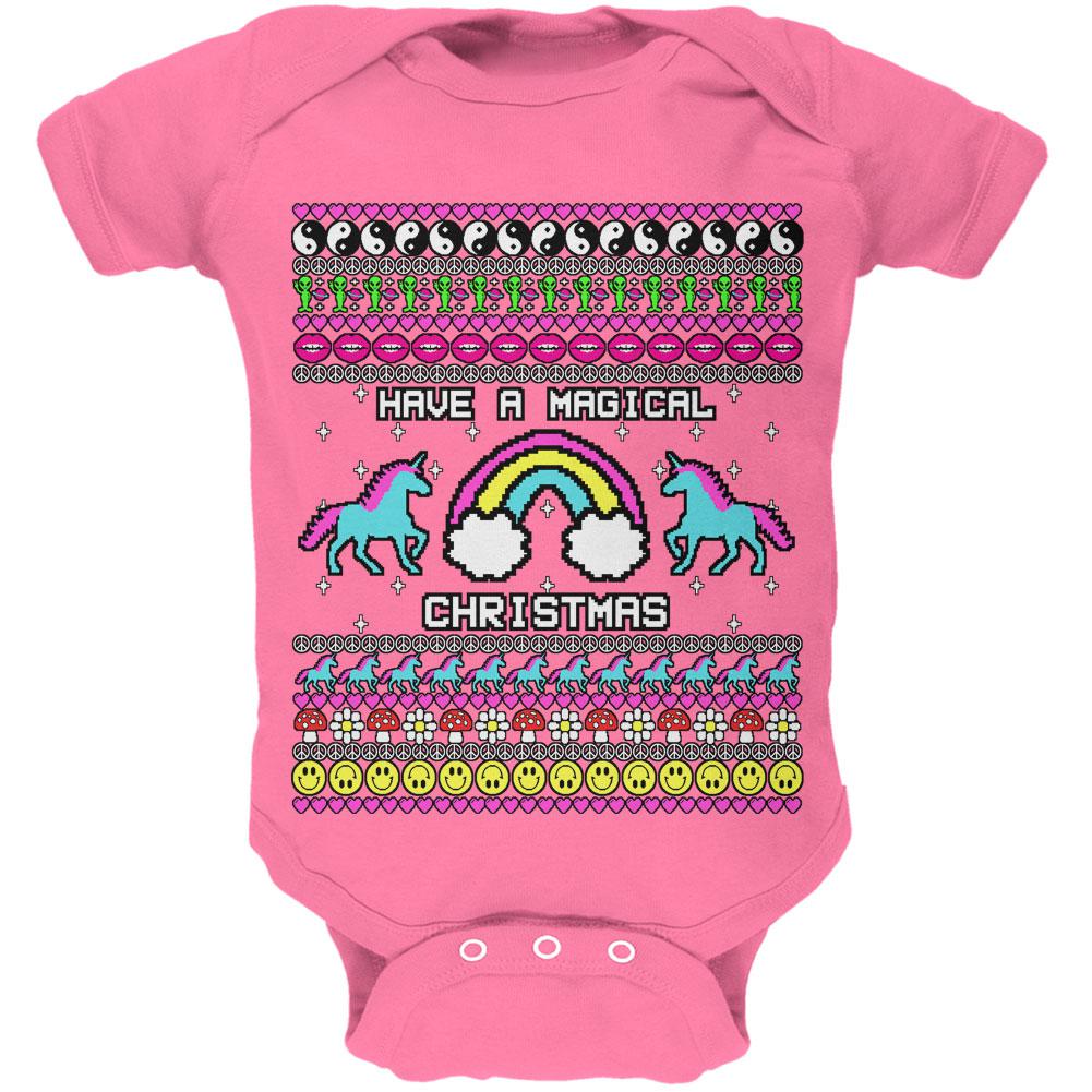 Retro 90s Rainbow Unicorn Magical Ugly Christmas Sweater Soft Baby One Piece Baby One Piece Old Glory 0-3M Raspberry