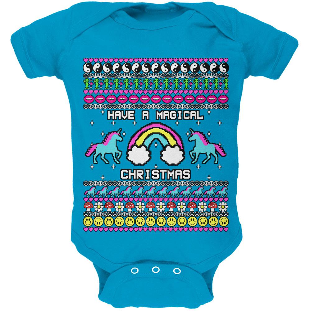 Retro 90s Rainbow Unicorn Magical Ugly Christmas Sweater Soft Baby One Piece Baby One Piece Old Glory 0-3M Turquoise