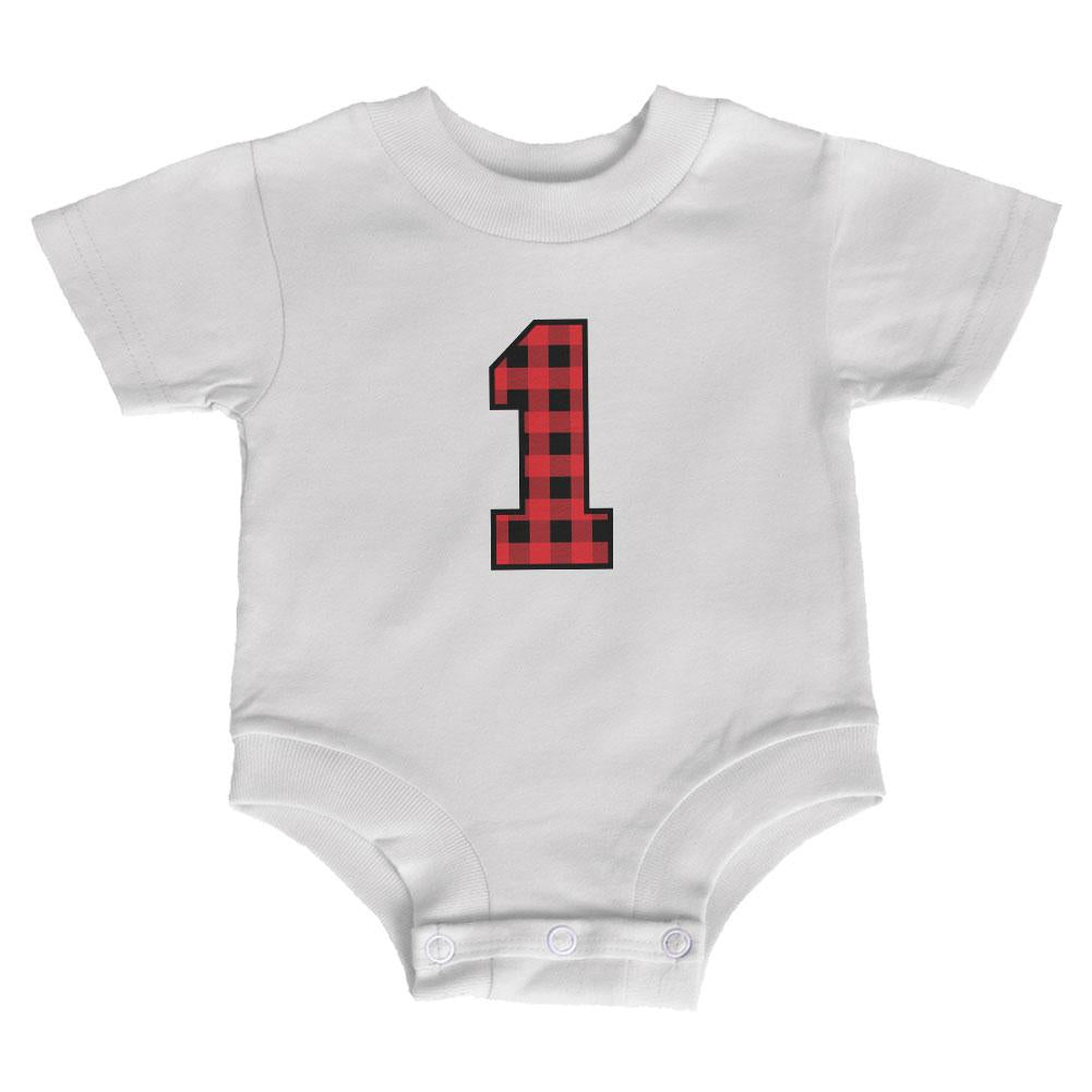 Birthday Kid Lumberjack Plaid 1 1st First Baby Crewneck T Shirt Infant T-Shirts Old Glory 12MO White