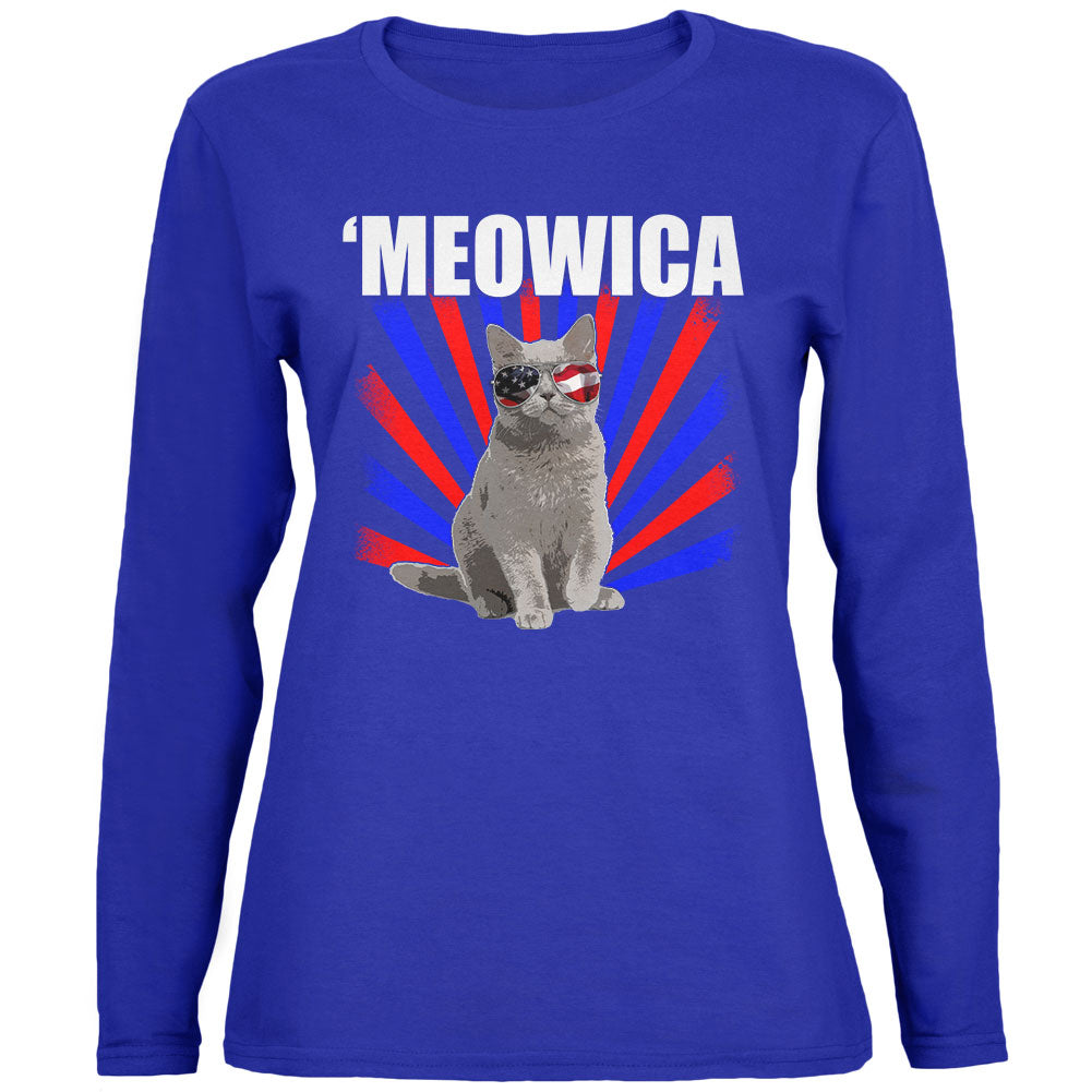 Cat 4th of July Meowica Womens Long Sleeve T Shirt Women's Long Sleeves 4th of July 2XL Royal