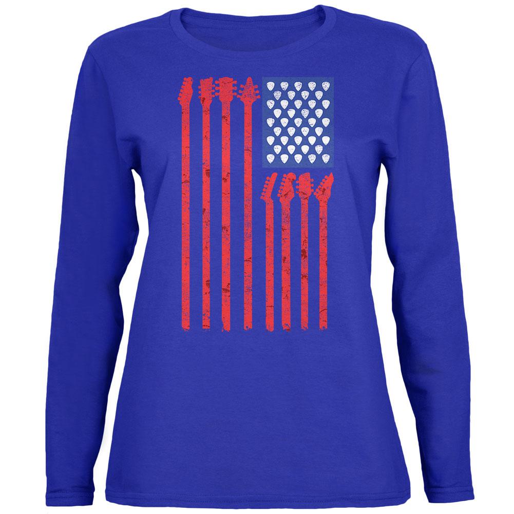 4th Of July Stars and Strings Guitar American Flag Womens Long Sleeve T Shirt Women's Long Sleeves Old Glory 2XL Royal