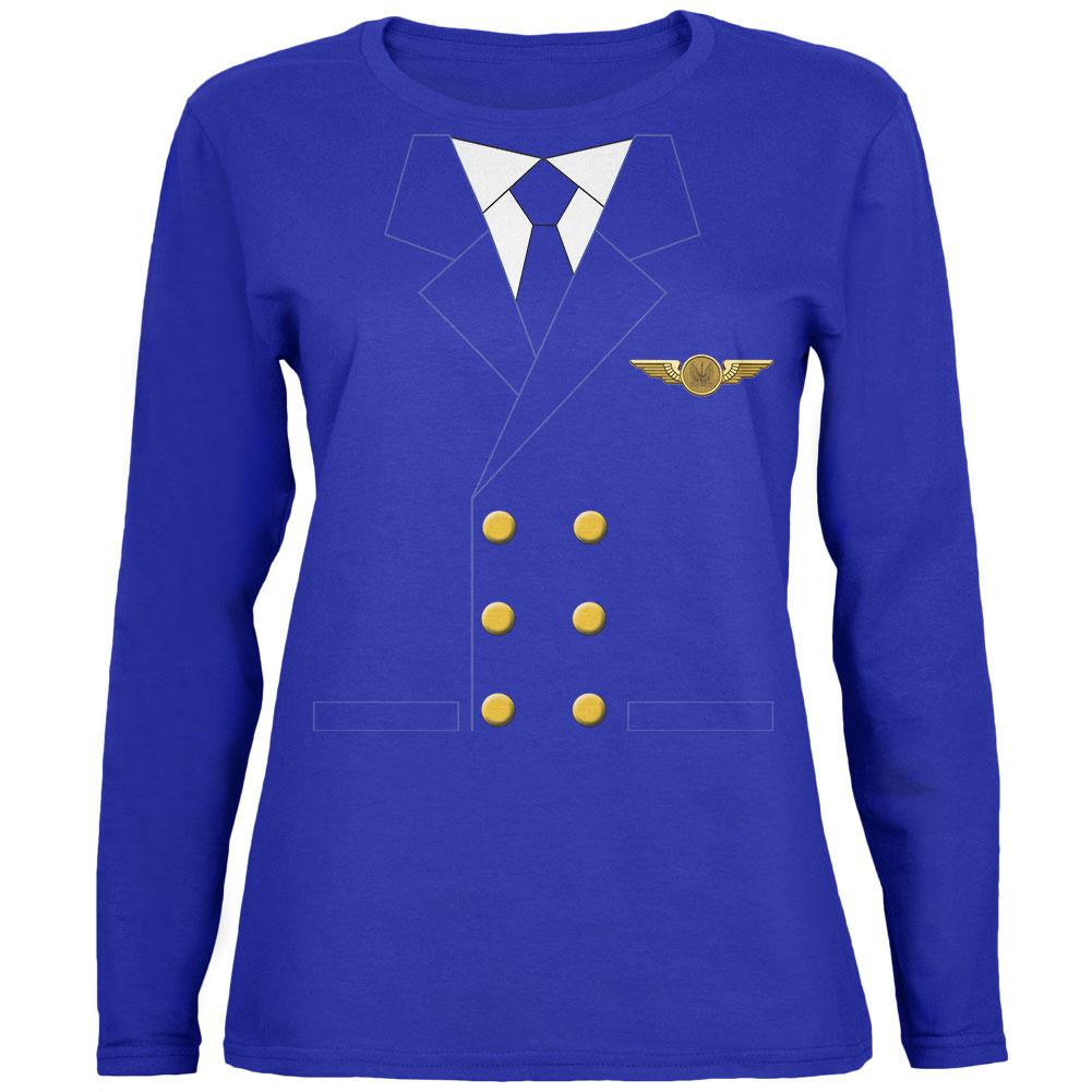 Halloween Airline Airplane Pilot Womens Long Sleeve T Shirt Women's Long Sleeves Old Glory 2XL Royal