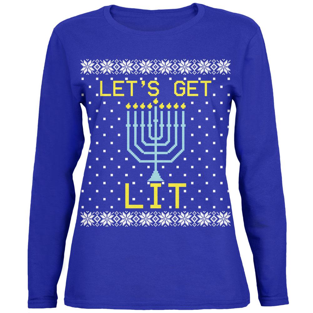 Menorah Get Lit Ugly Hanukkah Sweater Womens Long Sleeve T Shirt Women's Long Sleeves Old Glory 2XL Royal