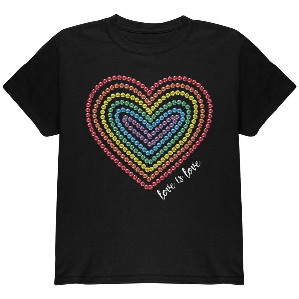 Love is Love Rainbow Gemstone Heart Youth T Shirt Youth T-Shirts Old Glory LG Black
