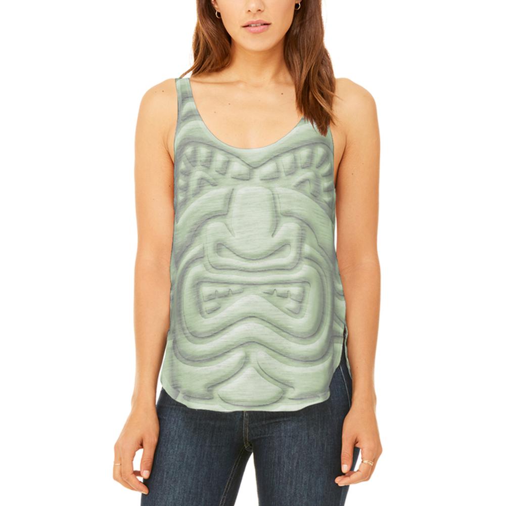 Tiki God Green Face Luau Juniors Flowy Side Slit Tank Top Juniors Tank Tops Old Glory 2XL Multi