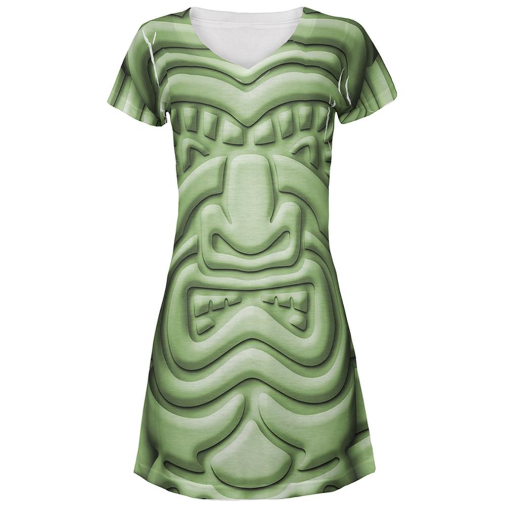 Tiki God Green Face Luau All Over Juniors Beach Cover-Up Dress Juniors Dresses Old Glory MD Multi