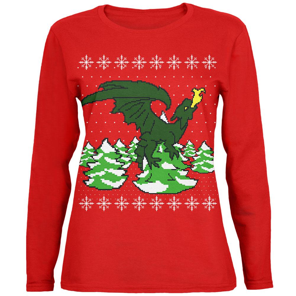 Ugly Christmas Sweater Dragon Winter Womens Long Sleeve T Shirt Women's Long Sleeves Old Glory 2XL Red