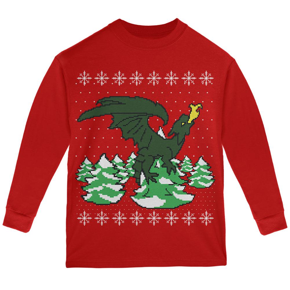 Ugly Christmas Sweater Dragon Winter Youth Long Sleeve T Shirt Youth Long Sleeves Old Glory LG Red