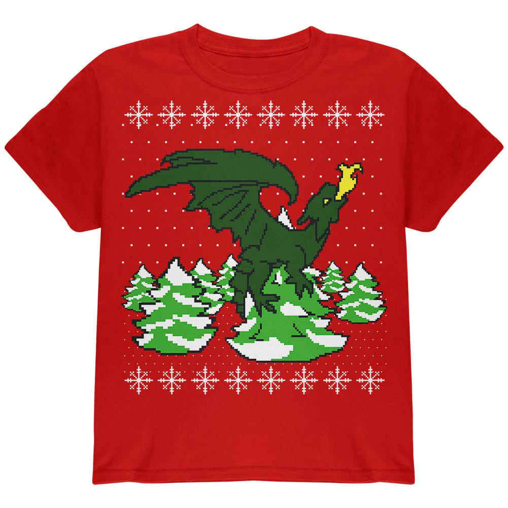 Ugly Christmas Sweater Dragon Winter Youth T Shirt Youth T-Shirts Old Glory LG Red