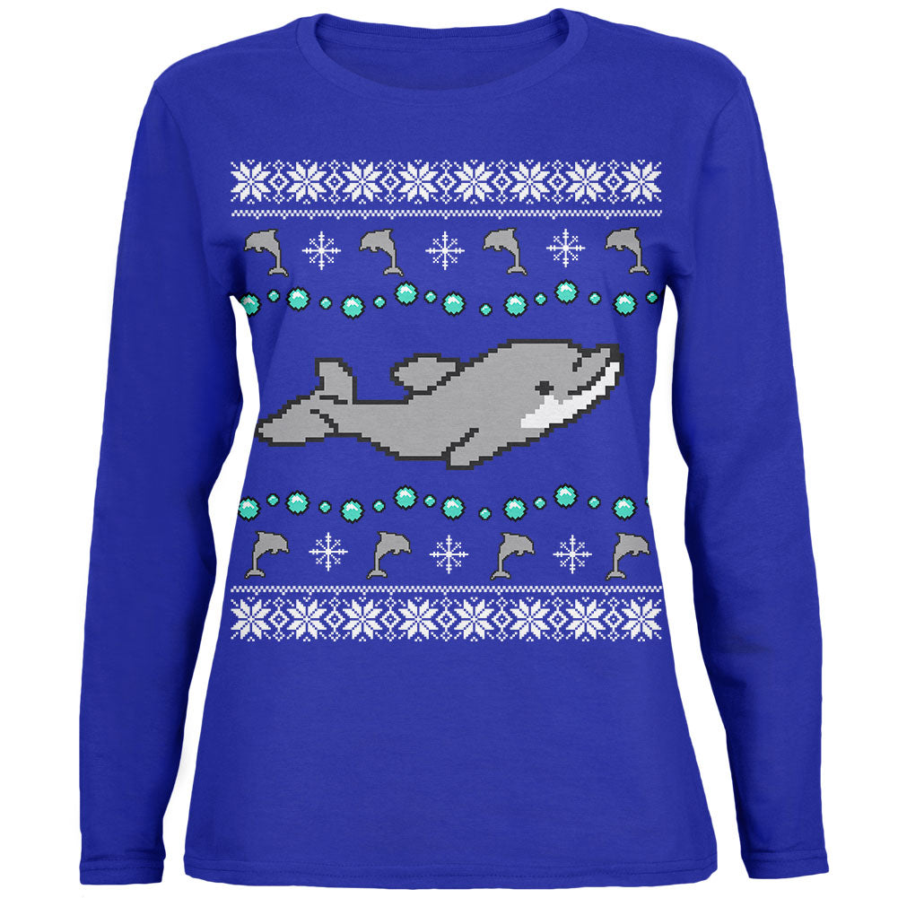 Ugly Christmas Sweater Dolphin Womens Long Sleeve T Shirt Women's Long Sleeves Old Glory 2XL Blue