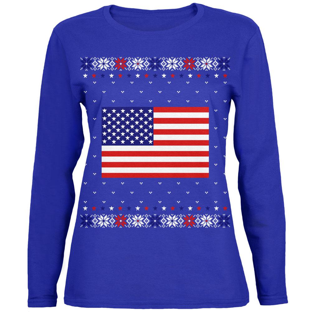 USA American Flag Ugly Christmas Sweater Womens Long Sleeve T Shirt Women's Long Sleeves Old Glory 2XL Royal