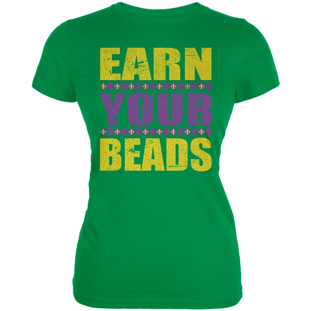 Mardi Gras Earn Your Beads Funny Juniors Soft T Shirt Juniors T-Shirts Old Glory 2XL Green