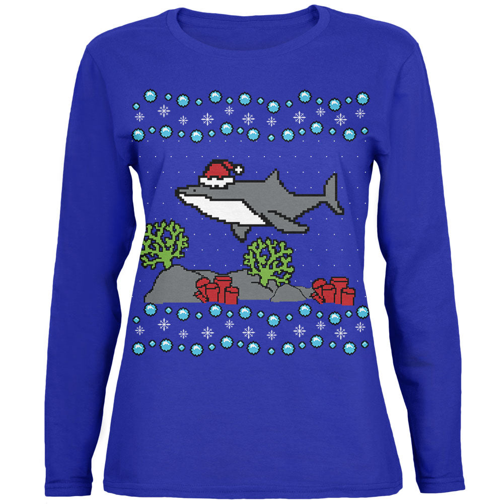 Ugly Christmas Sweater Shark Santa Hat Womens Long Sleeve T Shirt Women's Long Sleeves Old Glory 2XL Blue