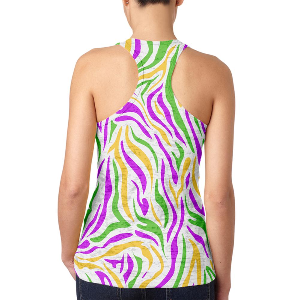 Mardi Gras Booze Boobs Beads Zebra Costume Juniors Burnout Racerback Tank Top Juniors Tank Tops Old Glory