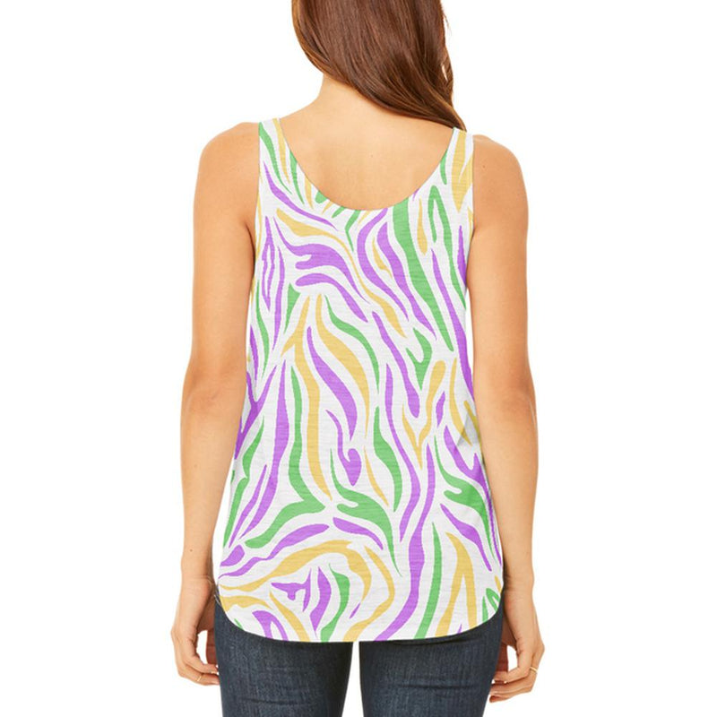 Mardi Gras Booze Boobs Beads Zebra Costume Juniors Flowy Side Slit Tank Top Juniors Tank Tops Old Glory