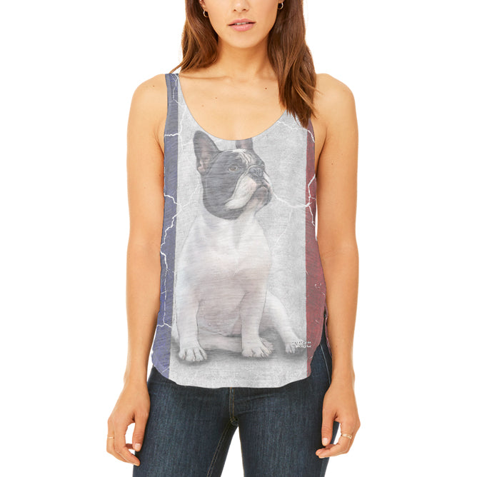French Bulldog Live Forever Flag Juniors Flowy Side Slit Tank Top Juniors Tank Tops Old Glory 2XL Multi