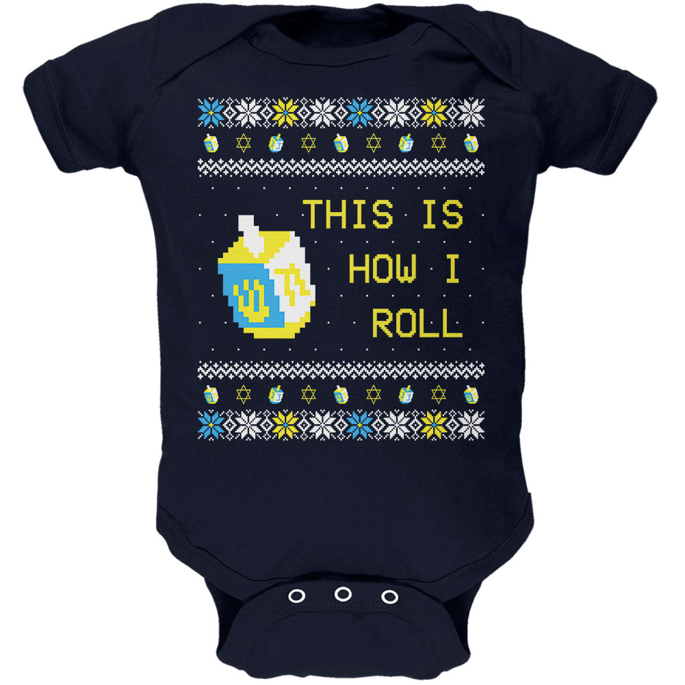 Hanukkah This is How I Roll Dreidel Ugly Christmas Sweater Soft Baby One Piece Baby One Piece Old Glory 0-3M Navy