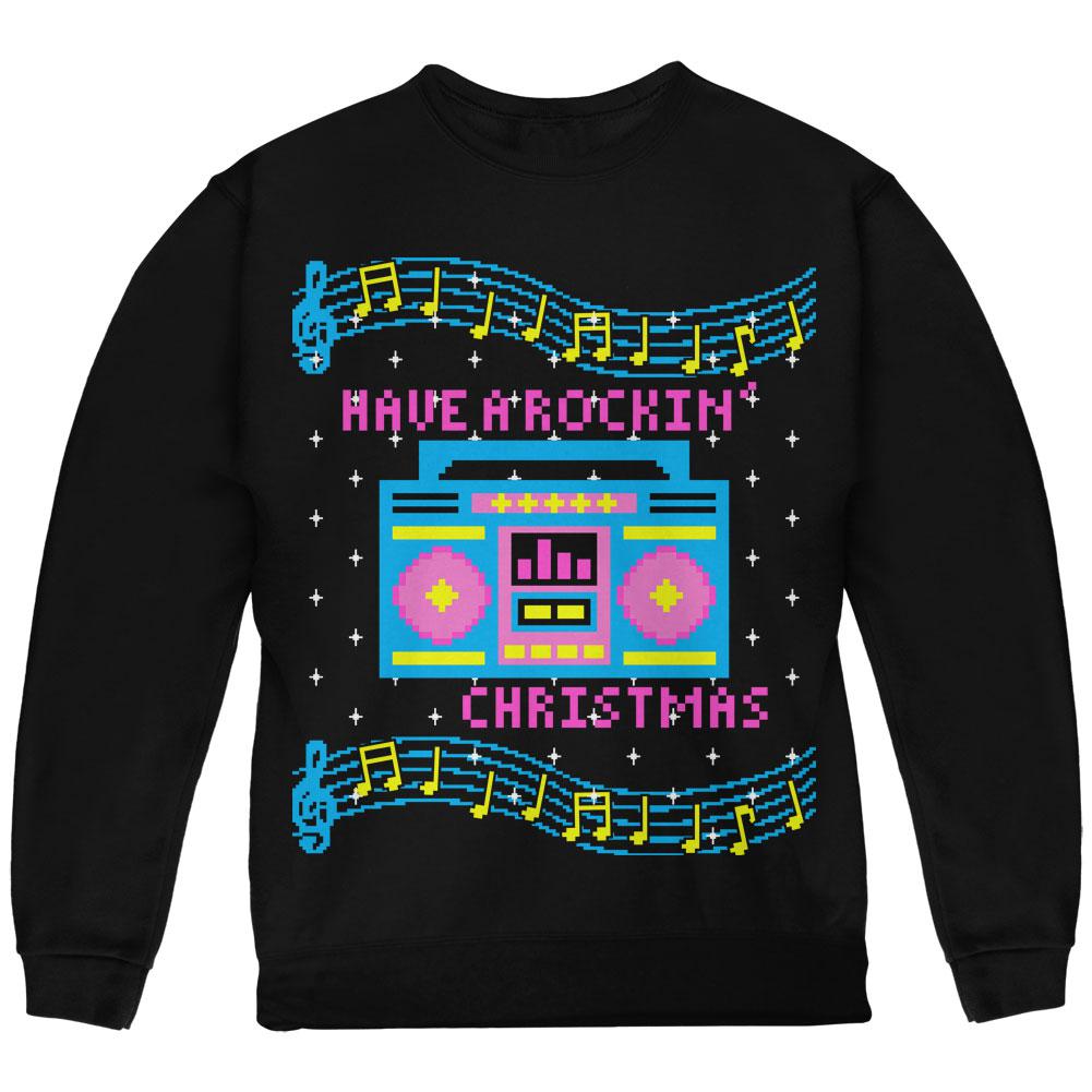Retro Boombox Music Have a Rockin' Ugly Christmas Sweater Youth Sweatshirt Youth Sweatshirts Old Glory LG Black