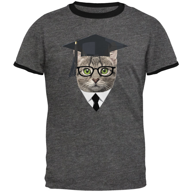 Graduation Funny Cat Mens Ringer T Shirt Men's T-Shirts Old Glory 2XL Dark Heather-Black