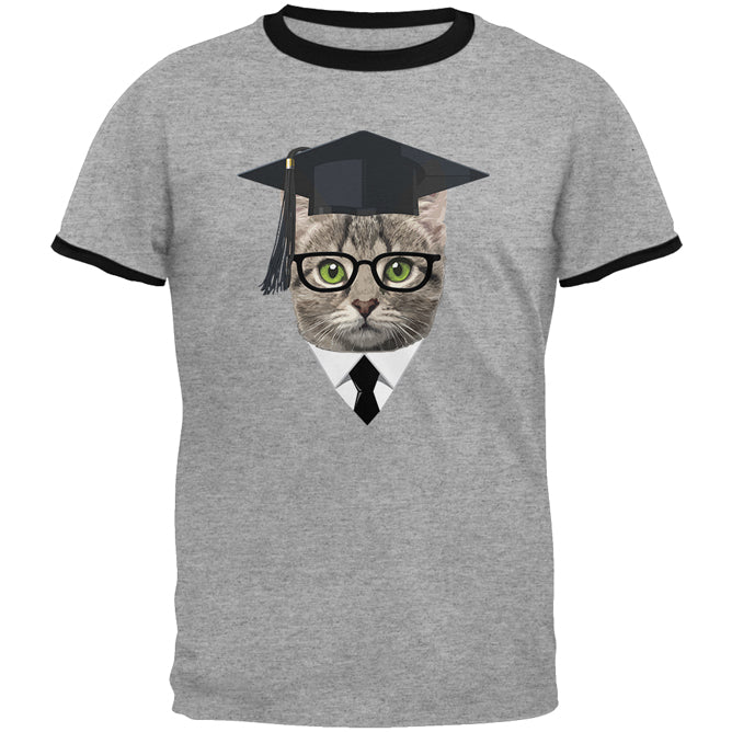 Graduation Funny Cat Mens Ringer T Shirt Men's T-Shirts Old Glory 2XL Heather-Black