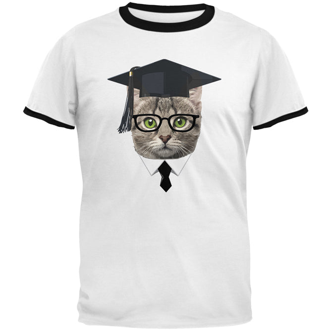 Graduation Funny Cat Mens Ringer T Shirt Men's T-Shirts Old Glory 2XL White-Black