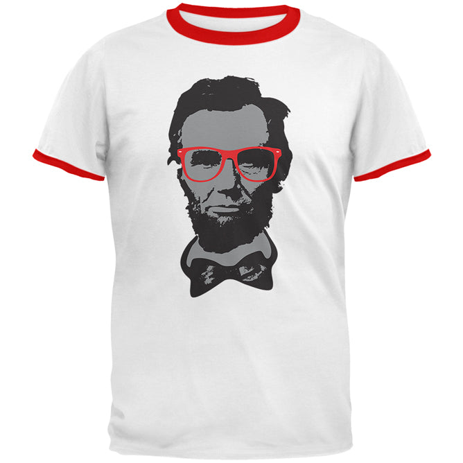 Abraham Lincoln Hipster Geek Glasses Mens Ringer T Shirt Men's T-Shirts Old Glory MD White-Red