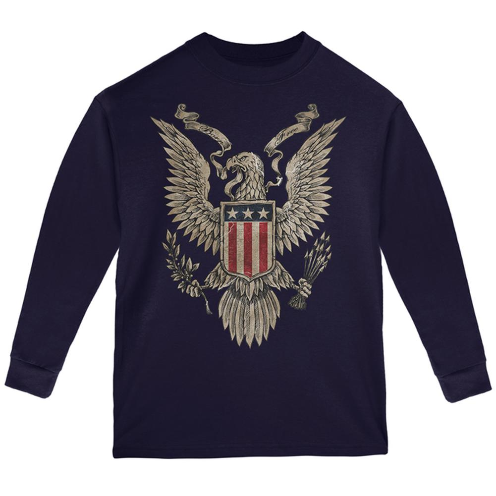 4th July Born Free Vintage American Bald Eagle Youth Long Sleeve T Shirt Youth Long Sleeves Old Glory LG Navy
