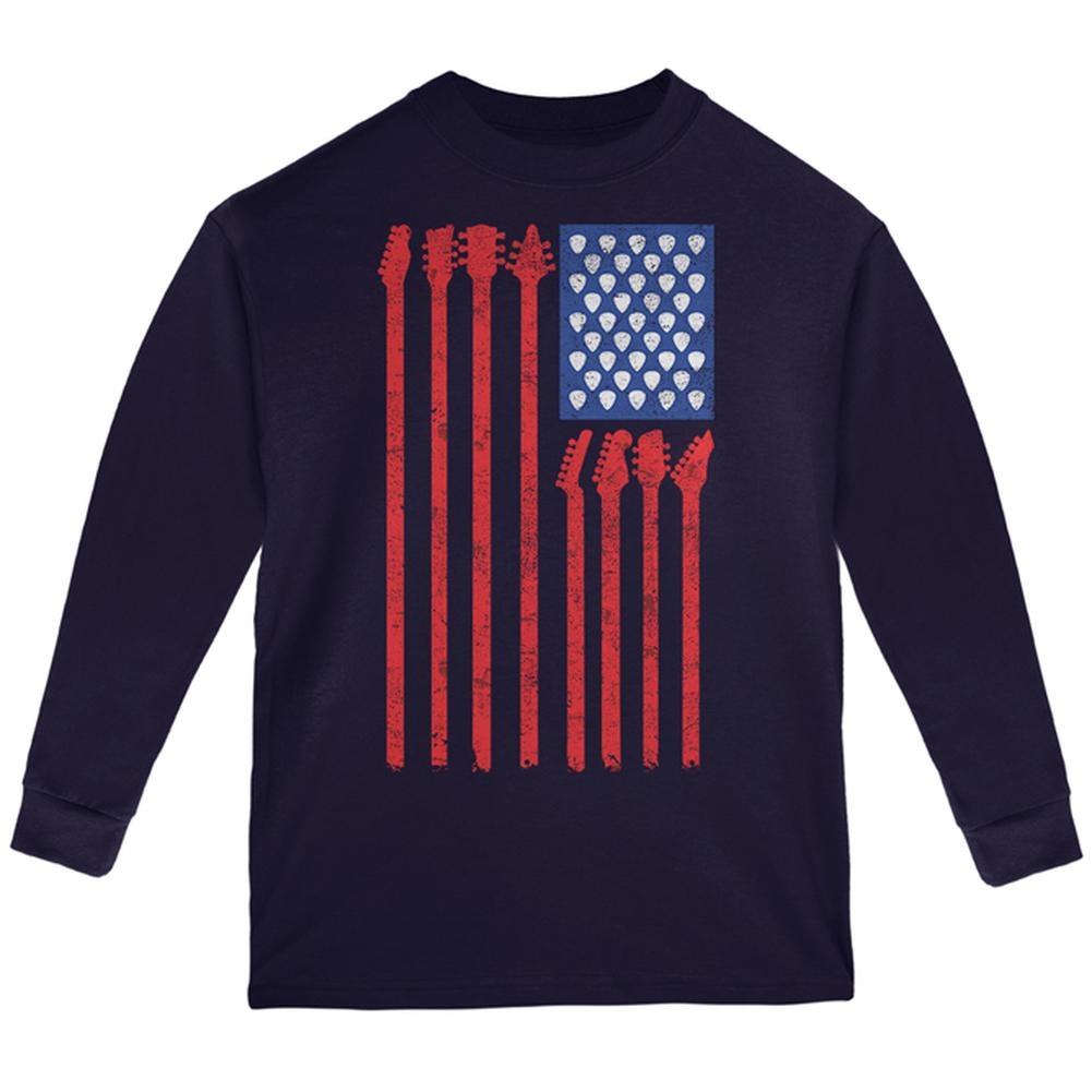 4th Of July Stars and Strings Guitar American Flag Youth Long Sleeve T Shirt Youth Long Sleeves Old Glory LG Navy