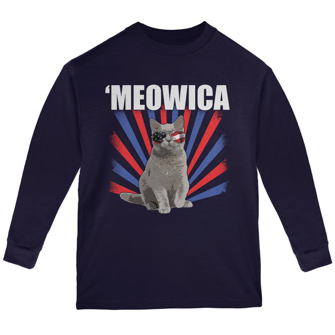 Cat 4th of July Meowica Youth Long Sleeve T Shirt Youth Long Sleeves 4th of July YLG Navy