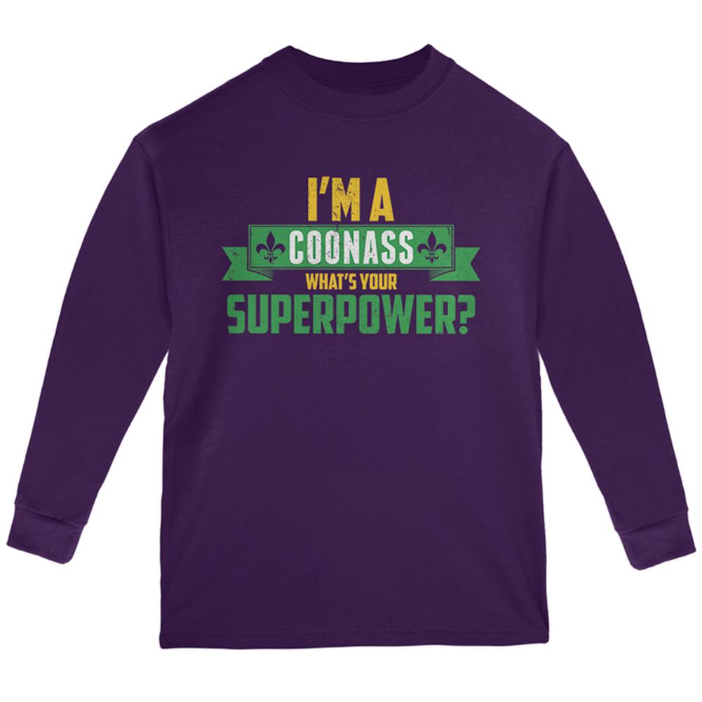Mardi Gras I'm a Coonass What's Your Superpower Youth Long Sleeve T Shirt Youth Long Sleeves Old Glory LG Purple