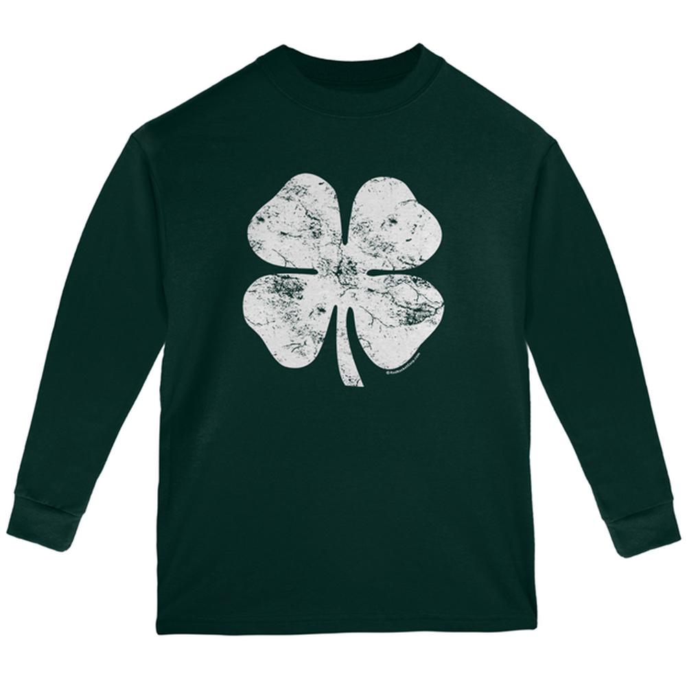 St. Patricks Day Distressed Shamrock Youth Long Sleeve T Shirt Youth Long Sleeves Old Glory LG Forest Green