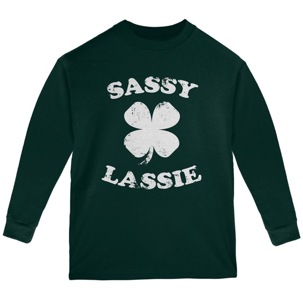 St. Patricks Day Sassy Irish Lassie Youth Long Sleeve T Shirt Youth Long Sleeves Old Glory LG Forest Green