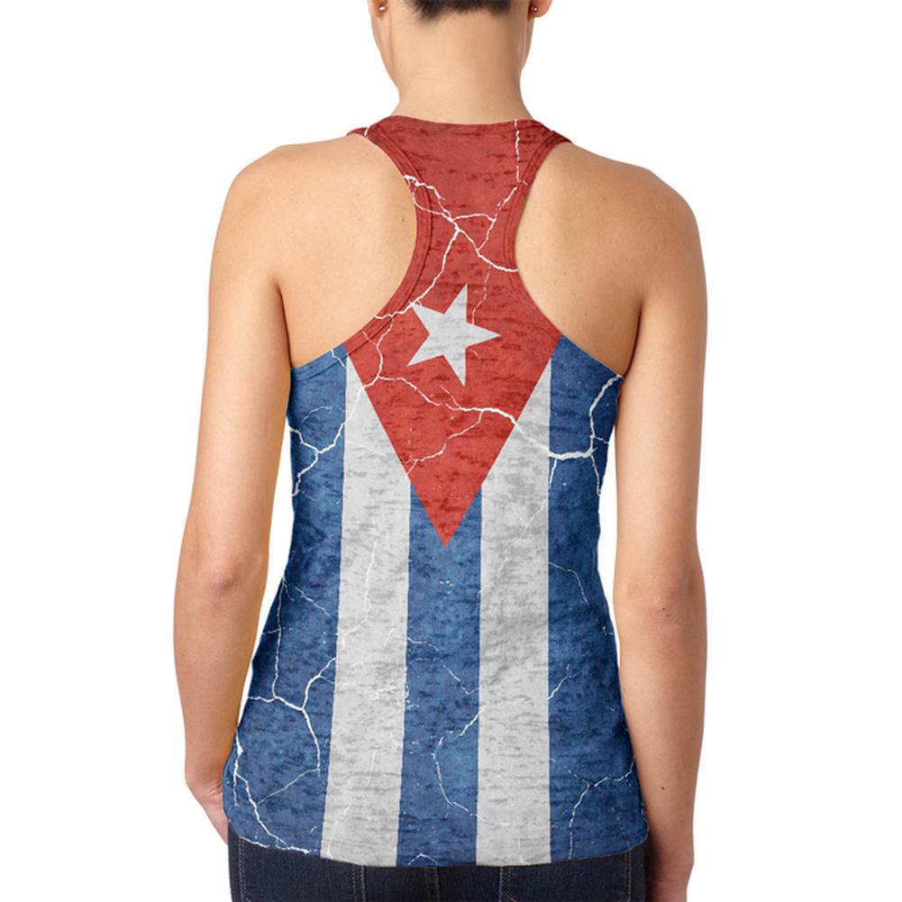 Distressed Cuban Flag Juniors Burnout Racerback Tank Top Juniors Tank Tops Old Glory