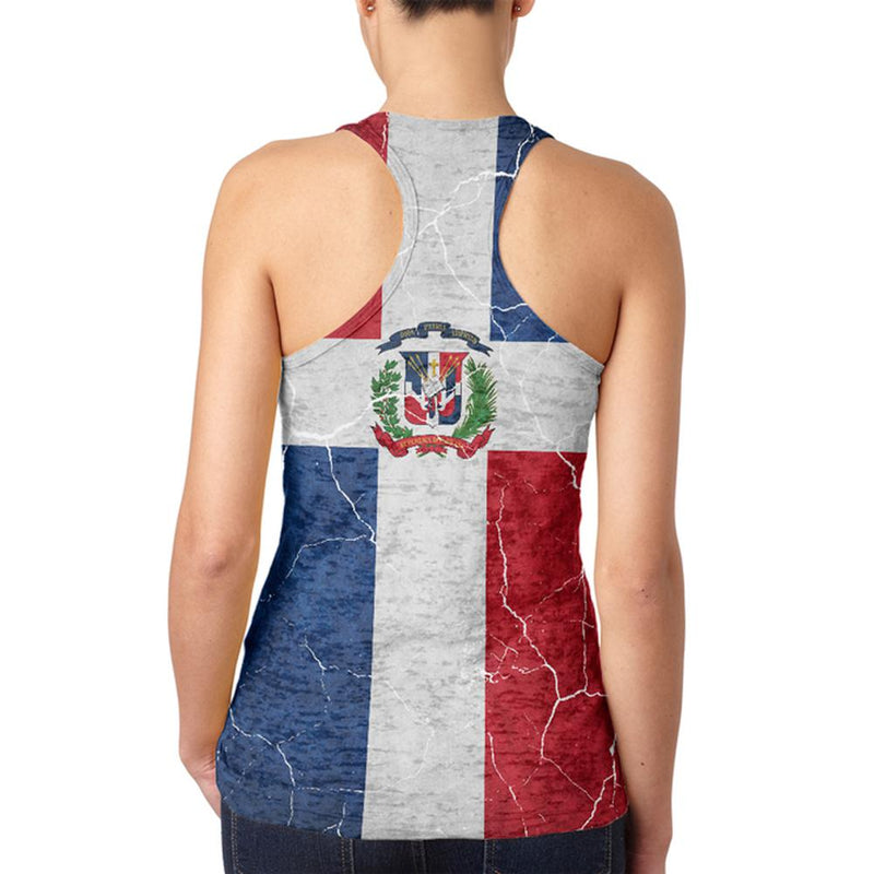 Distressed Dominican Republic Flag Juniors Burnout Racerback Tank Top Juniors Tank Tops Old Glory