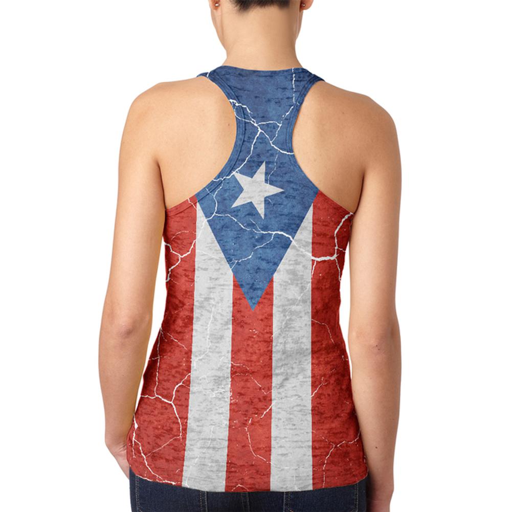 Distressed Puerto Rican Flag Juniors Burnout Racerback Tank Top Juniors Tank Tops Old Glory