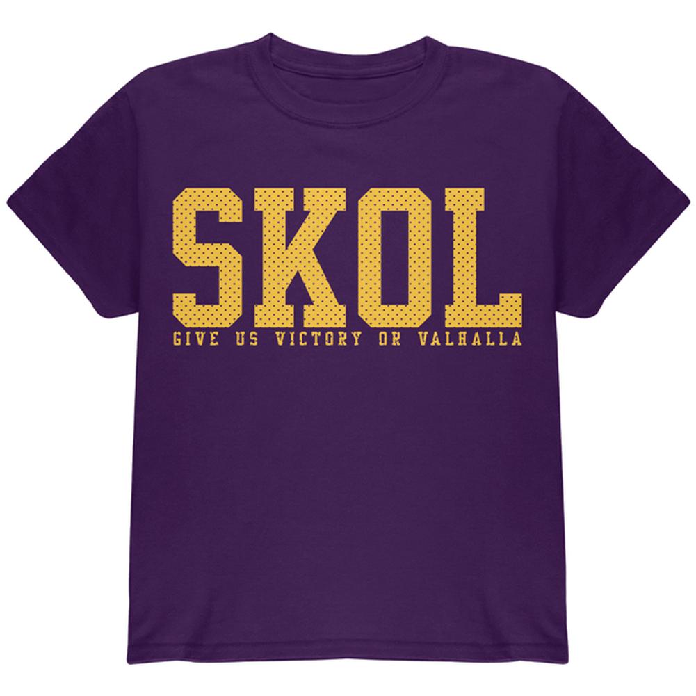 Vikings Skol Give Us Victory or Valhalla Youth T Shirt Youth T-Shirts Old Glory LG Purple